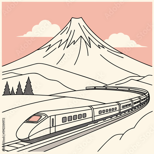 A vector graphic illustration of a train traveling through a mountainous landscape with a pink sky