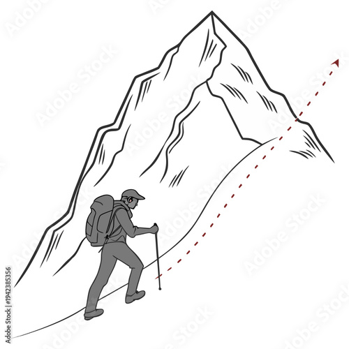 A hiker climbing a mountain with a backpack and trekking poles in a minimalist vector illustration