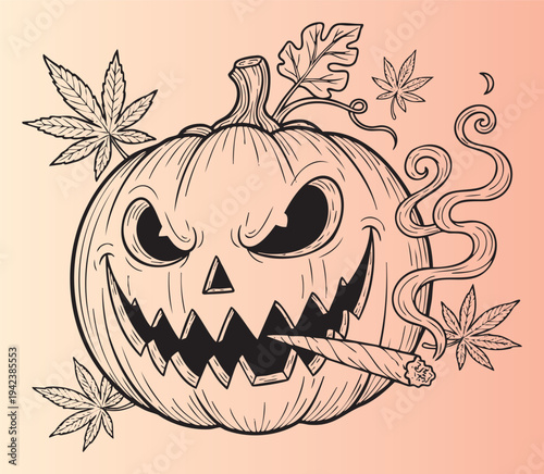 Cartoon angry jack o lantern with cannabis leaves illustration