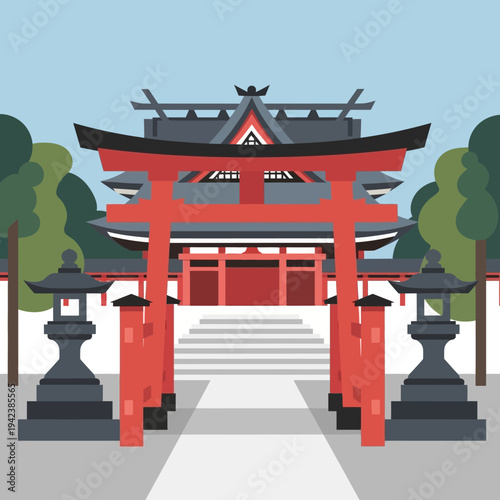 Traditional Japanese Shrine Entrance with Torii Gate and Stone Lanterns