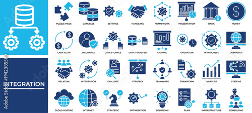Integration icon set collection. Containing evolution, operation, transfer, database, progress, puzzle, performance .Solid vector icons collection