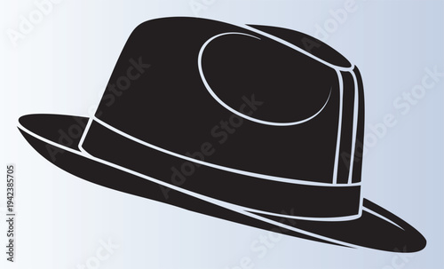 Classic black fedora hat with white trim isolated illustration
