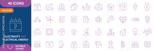 Electricity, electrical energy icon set. Contains icons Electric power line, light, light bulb and electrical equipment, power supply, voltage, current and etc. line Icon Collection. Editable stroke.