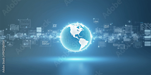 A digital world map illustration of the blue planet earth sphere connects a global business network through internet technology and computer web communication on a dark background