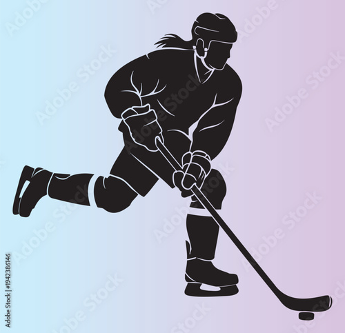 Dynamic ice hockey player in action with stick and puck
