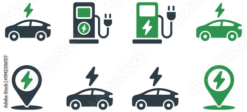 Electric Car Charging Icon Set, EV Station Plug Socket and Hybrid Vehicle Battery Power Symbols, vector illustration collection ideal for electric mobility, green transportation