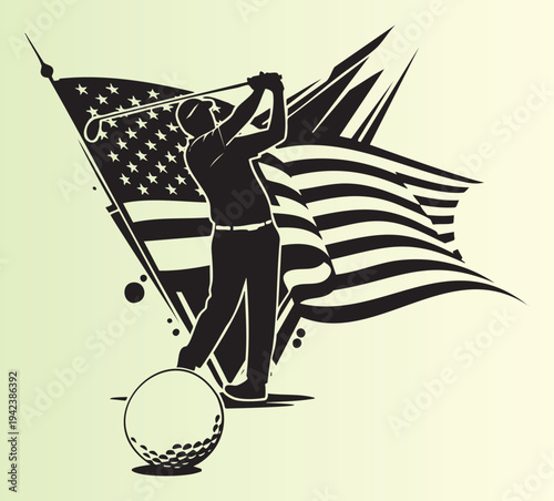 Golfer swinging club with american flag in artistic illustration