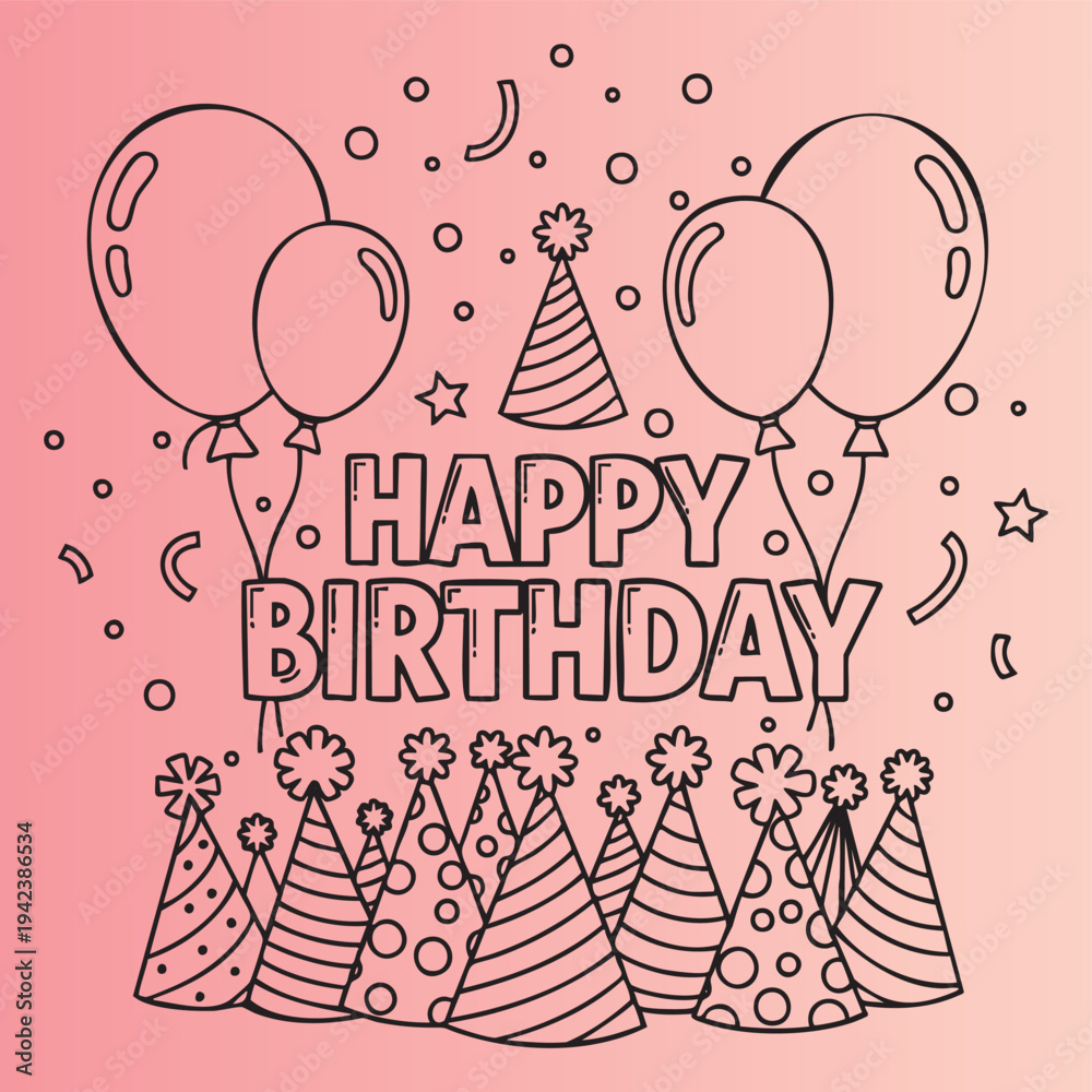 Obraz premium Happy birthday celebration with balloons and party hats illustration