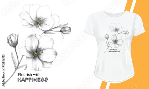 Beautifull Flower with Flourish with happiness black dotted t-shirt design.