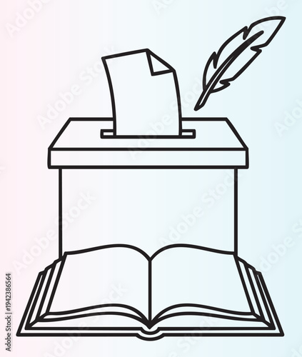 Illustration of a ballot box with book and feather quill pen