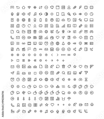 Basic mobile system icons collection including signal, battery, Wi-Fi, airplane mode, volume, brightness, modern vector set