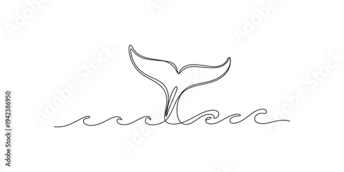 Whale tail surfacing in wavy ocean water in one line drawing style