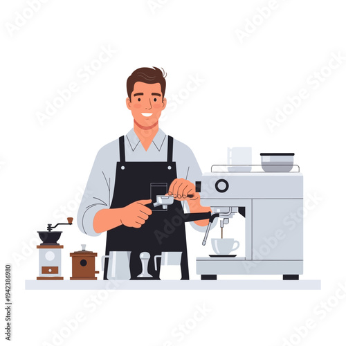 Barista making espresso coffee with professional machine and grinder, close-up