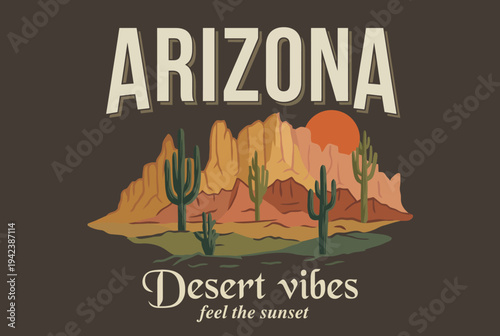 This vibrant illustration captures the essence of Arizona's desert, featuring iconic cacti and a stunning sunset over rugged mountains, evoking a sense of adventure and tranquility.