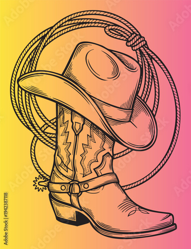 Vintage cowboy hat and boot with lasso illustration
