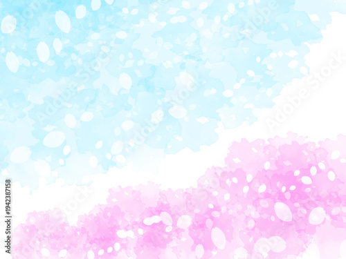 春の桜イメージのテクスチャー背景素材。満開の桜並木や桜吹雪と青空のイメージ。キラキラした光の粒子。