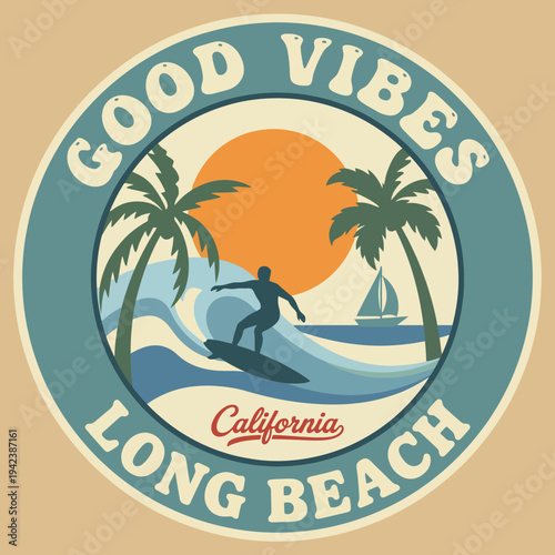 An inviting illustration of a surfer gracefully riding ocean waves in Long Beach, surrounded by palm trees and a radiant sun, embodying the carefree California beach lifestyle.