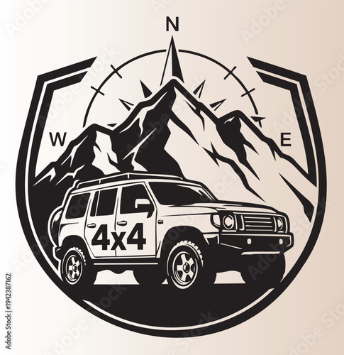 Vintagestyle offroad vehicle with mountain and compass illustration
