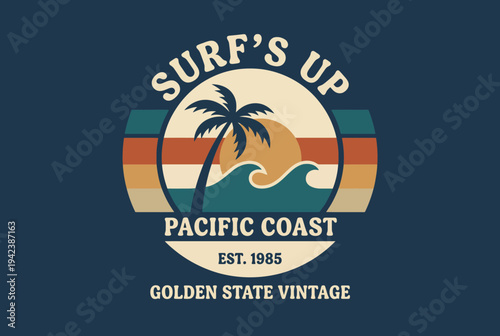 A striking design that showcases the essence of California’s Pacific Coast with palm trees, waves, and a sunset, symbolizing the dynamic lifestyle and camaraderie of surfing culture.