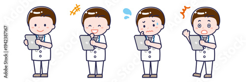 タブレットを使う「半袖医師」の男性