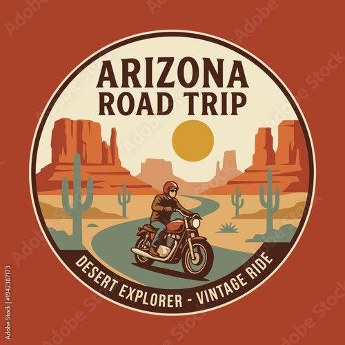 This creative illustration depicts an exhilarating motorcycle journey through Arizona's stunning landscapes, combining adventure with the spirit of exploration in the desert.