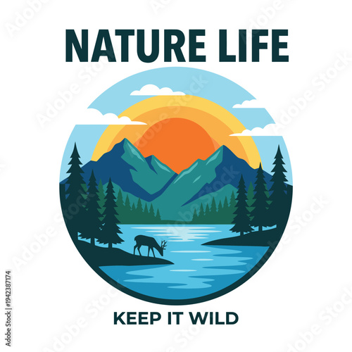 An enchanting landscape image showcasing a serene lake surrounded by tall trees and majestic mountains under a rising sun, inspiring feelings of peace and connection to the environment.