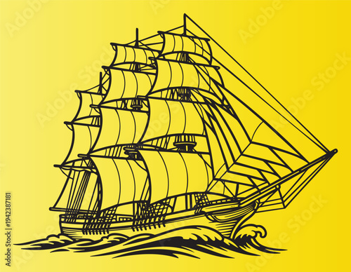 Vintage sailing ship with billowing sails on rough waves illustration