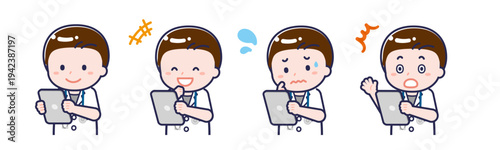 タブレットを使う「半袖医師」の男性