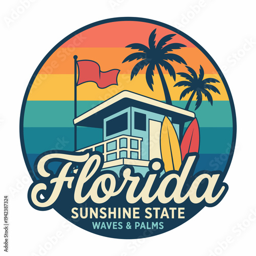 A colorful illustration showcasing a Florida beach lifeguard tower, palm trees, and surfboards, embodying the vibrant coastal lifestyle and adventure in the Sunshine State.