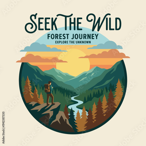 A scenic depiction of an adventurous hiker on a rock ledge, surrounded by lush mountains, rivers, and a sunset, inviting a sense of exploration into the wild forest paths.