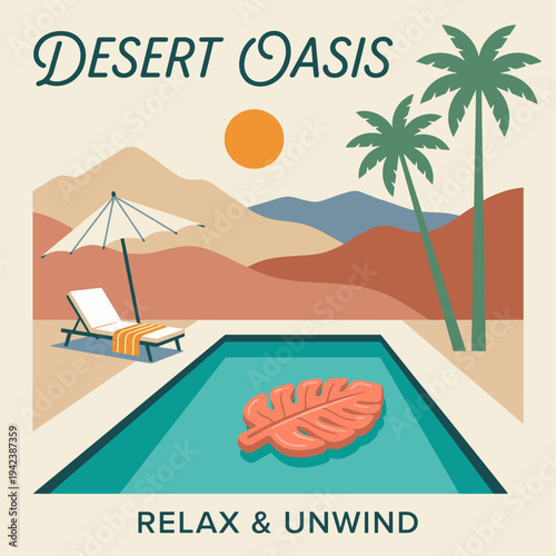 A serene desert oasis featuring a pool, sun loungers, and palm trees under a bright sun, inviting you to relax and unwind in a tranquil desert environment.