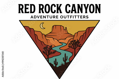 A stunning representation of the Red Rock Canyon showcasing a winding river, majestic red cliffs, and cacti, capturing the spirit of adventure in the great outdoors.