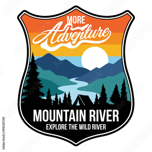A vibrant scene featuring a mountain river, tall trees, and a tent, calling adventurers to explore the beauty of nature and embrace a wild outdoor journey.
