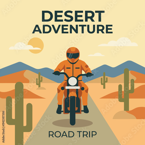 Explore the essence of adventure in this vibrant illustration depicting a motorcycle rider on a desert trail surrounded by iconic cacti and a mesmerizing sunset.