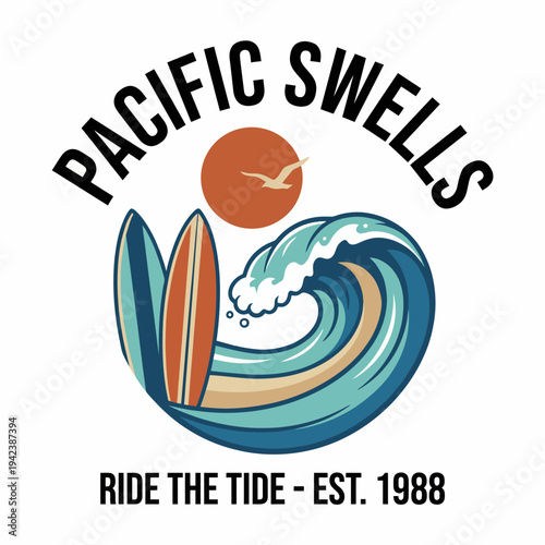 An artistic representation of surfing on wild waves, featuring surfboards and a vibrant ocean scene, encapsulating the thrill and adventure of Pacific waters.