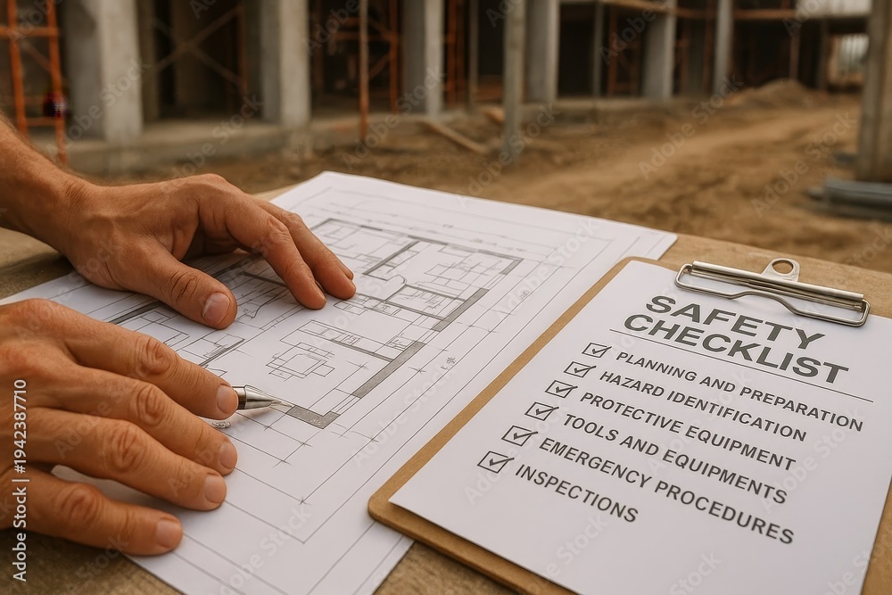 Obraz premium Hands review blueprints and safety checklist at an active construction site. Ensuring safety and planning for new building projects.