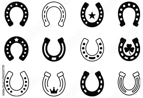 Horseshoe Icon Set Vector Illustration, lucky western symbol collection featuring black silhouette horseshoes isolated on transparent background, ideal for good luck themes, western design