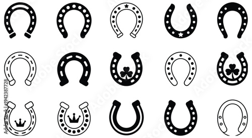 Horseshoe Icon Set Vector Illustration, professional vector pack showing lucky horseshoe symbols in black silhouette style, isolated graphics perfect for western themes, fortune symbols, ranch logos, 