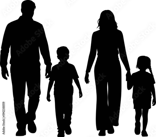 Happy Family Walking Together Silhouette Flat Vector Illustration of Father Mother Son and Daughter for Parenting Life and Insurance Graphics