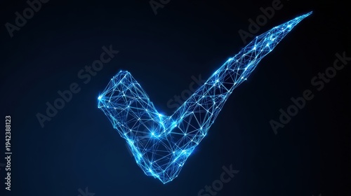 A luminous, abstract digital check mark. A symbol of completion, confirmation, and approval against a dark background. ..Created with Generative AI, not depicting real subjects.