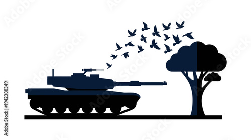 tank silhouette vector illustration with tree and bird flight concept