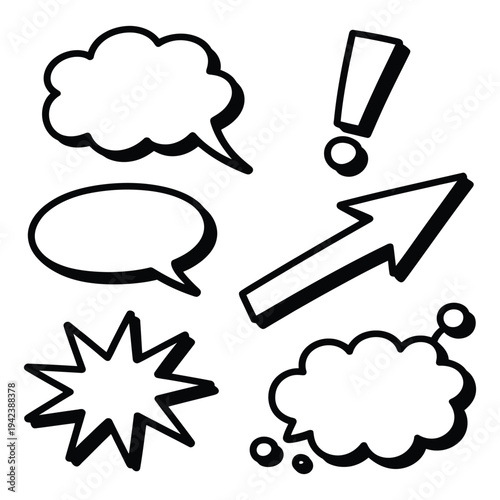 Collection of comic style speech bubbles, explosion shape, arrow and exclamation mark, isolated on transparent background