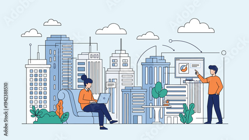 Remote workers using laptops and digital screens in a modern city environment showing telecommuting and urban business lifestyle.