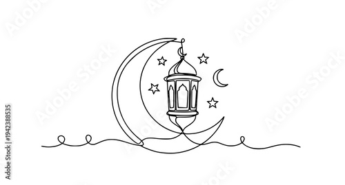 A minimalist line art illustration of a lantern hanging from a crescent moon