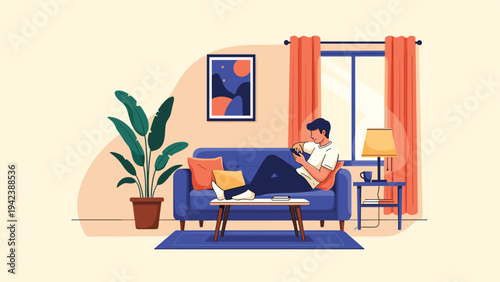 Young man lying on a blue sofa and using his smartphone in a modern living room with a houseplant and a window at sunset.