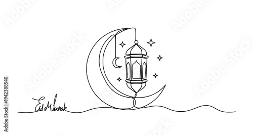 A minimalist line art illustration of a crescent moon with a lantern and stars