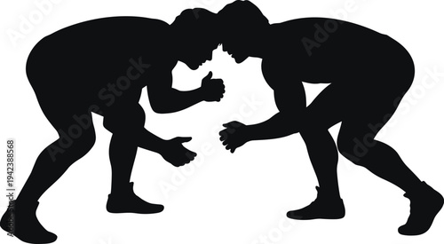 Wrestling, athletes, grappling, sport, competition, fighters, duel, strength, training, combat, silhouette, wrestlers, match, athletic, battle, isolated, black, flat, vector, illustration