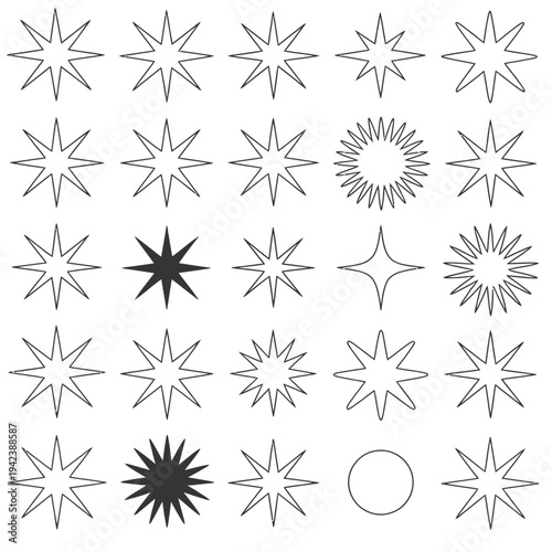 Collection of various star shapes and spark symbols with different point counts and styles for minimalist graphic design and branding projects