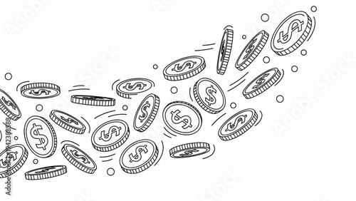 Group of many flying dollar coins in a wave movement depicted as a simple black and white line art drawing on a white background.