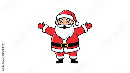 Jolly cartoon Santa Claus character wearing traditional red suit and hat standing with open arms for Christmas.